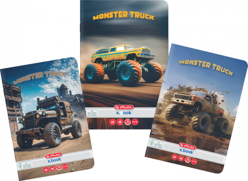 Caiet A5, 48 file, patratele, colturi rotunjite, motiv Monster Truck, diverse modele