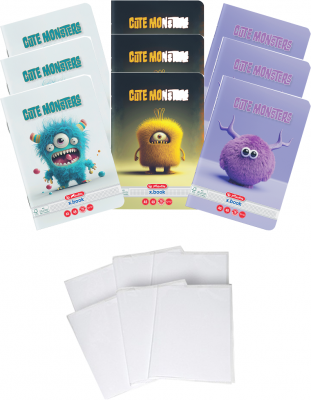 Pachet 10 caiete + coperti A5, 48 file, matematica, Cute Monster, Herlitz