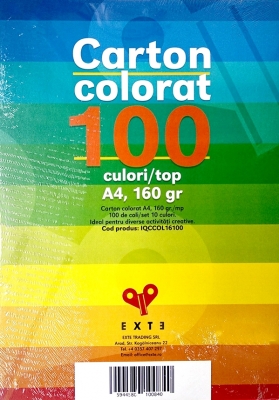 Carton colorat A4, 10 culori, 160 gr, 100 coli/set Exte