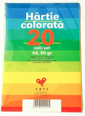 Hartie colorata A4, 10 culori, 80 gr, 20 coli/set Exte