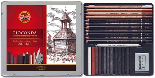 Set mediu Gioconda sepia, cutie metal, 24 piese/set Koh-I-Noor