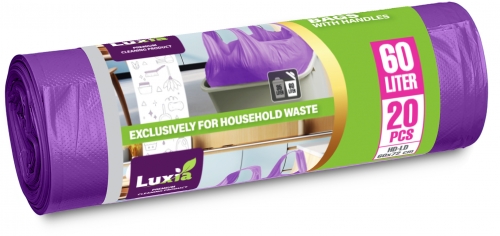 Saci menaj Strong mov cu manere Luxia, 60 L, 20 buc/rola