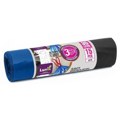 Saci menajeri Luxia, LDPE, albastru, snur 35 L, 15 buc/rola