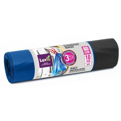 Saci menajeri Luxia, LDPE, albastru, snur 60 L, 10 buc/rola