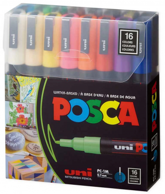 Marker cu vopsea Posca PC-1M, varf 0.7 mm, culori intense, 16 culori/set