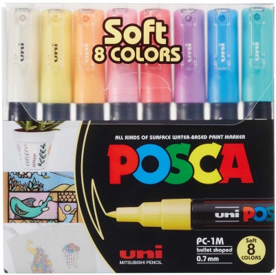 Marker cu vopsea Posca PC-1M, varf 0.7 mm, culori pastel, 8 culori/set