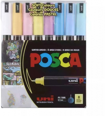 Marker cu vopsea Posca PC-1MR, varf 0.7 mm, culori pastel, 8 culori/set