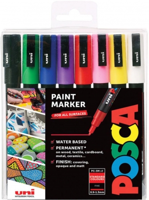 Marker cu vopsea Posca PC-3M, varf 0.9-1.3 mm, 8 culori/set