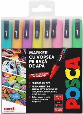 Marker cu vopsea Posca PC-3M, varf 0.9-1.3 mm, culori pastel, 8 culori/set