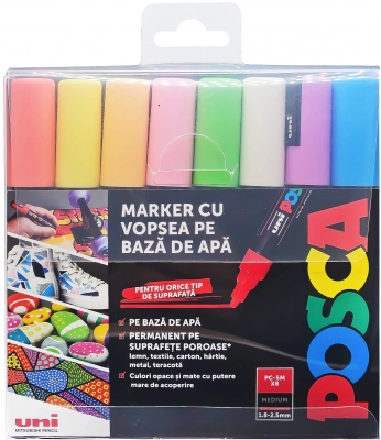 Marker cu vopsea Posca PC-5M, varf 1.8-2.5 mm, 8 culori/set