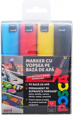 Marker cu vopsea Posca PC-8K, varf 8 mm, 4 culori/set