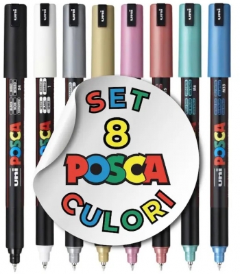 Marker cu vopsea Posca PC-1M, varf 0.7 mm, 8 culori/set metalice