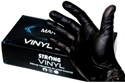 Manusi examinare din vinyl, fara pudra, marimea M, culoare negru, 100 buc/set, Strong