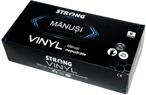 Manusi examinare din vinyl, fara pudra, marimea M, culoare negru, 100 buc/set, Strong