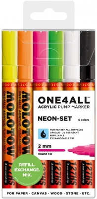 Marker cu vopsea acrilica, varf rotund, 2 mm, ONE4ALL 127HS Neon 6 culori/set Molotow