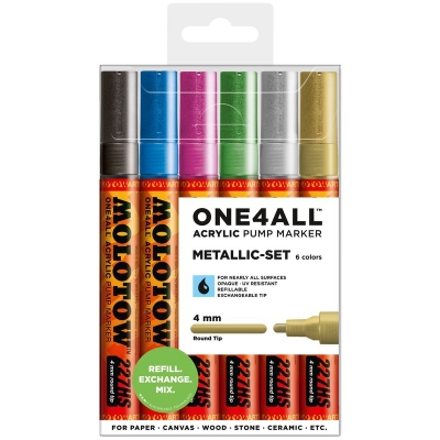 Marker cu vopsea acrilica, varf rotund, 4 mm, ONE4ALL 227HS Metallic 6 culori/set Molotow