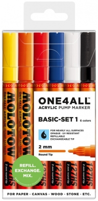 Marker cu vopsea acrilica, varf rotund, 2 mm, ONE4ALL 127HS Basic 6 culori/set Molotow