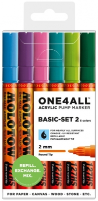 Marker cu vopsea acrilica, varf rotund, 2 mm, ONE4ALL 127HS Basic 2, 6 culori/set Molotow