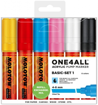 Marker cu vopsea acrilica, varf tesit, 4-8 mm, ONE4ALL 327HS Basic 6 culori/set Molotow