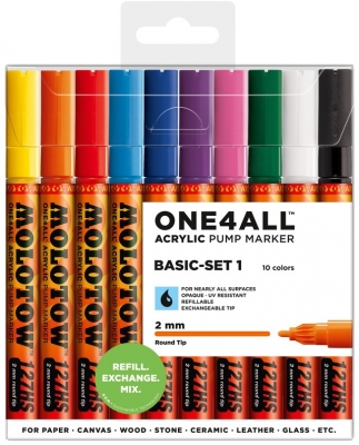 Marker cu vopsea acrilica, varf rotund, 2 mm, ONE4ALL 127HS Basic 10 culori/set Molotow