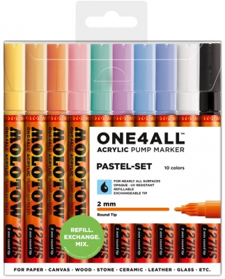 Marker cu vopsea acrilica, varf rotund, 2 mm, ONE4ALL 127HS Pastel 10 culori/set Molotow