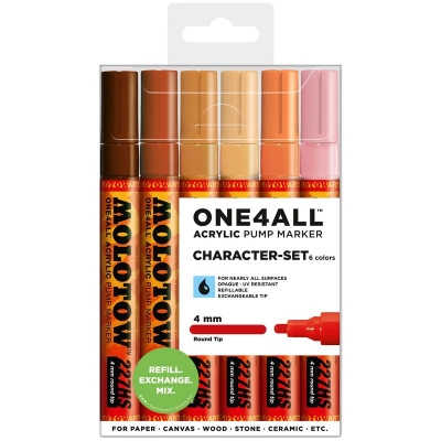 Marker cu vopsea acrilica, varf rotund, 4 mm, ONE4ALL 227HS Character, 6 culori/set Molotow