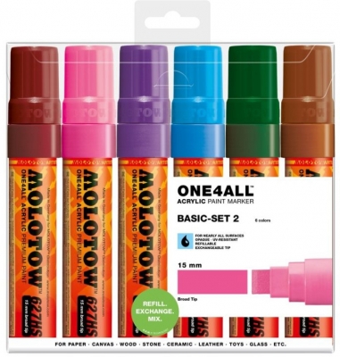 Marker cu vopsea acrilica, varf High-Flow, 15 mm, 627HS Basic 2, 6 culori/set Molotow