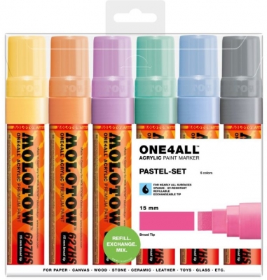Marker cu vopsea acrilica, varf High-Flow, 15 mm, 627HS Pastel, 6 culori/set Molotow