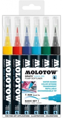 Marker caligrafic, varf tip pensula, 1 mm, Aqua Ink Pump Softliner Basic 6 culori/set Molotow 