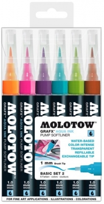 Marker caligrafic, varf tip pensula, 1 mm, Aqua Ink Pump Softliner Basic 2, 6 culori/set Molotow