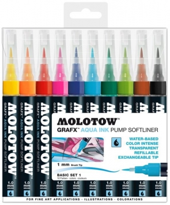 Marker caligrafic, varf tip pensula, 1 mm, Aqua Ink Pump Softliner Basic, 10 culori/set Molotow