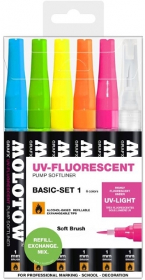 Marker caligrafic, varf tip pensula, 1 mm, UV-Fluorescent Basic, 6 culori/set Molotow 
