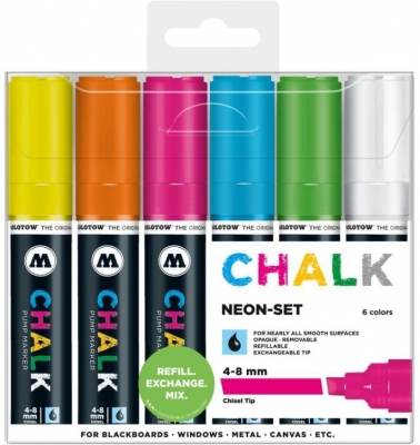 Marker creta lichida, varf tesit, 4-8 mm, Chalk Marker Neon, 6 culori/set Molotow