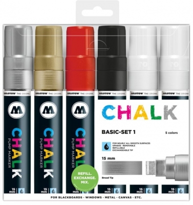 Marker creta lichida, varf High-Flow, 15 mm, Chalk Marker Basic, 6 culori/set Molotow