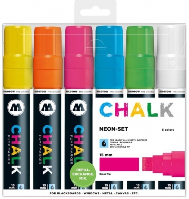 Marker creta lichida, varf High-Flow, 15 mm, Chalk Marker Neon, 6 culori/set Molotow