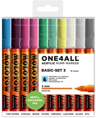 Marker cu vopsea acrilica, varf rotund, 2 mm, ONE4ALL 127HS Basic 3, 10 culori/set Molotow 