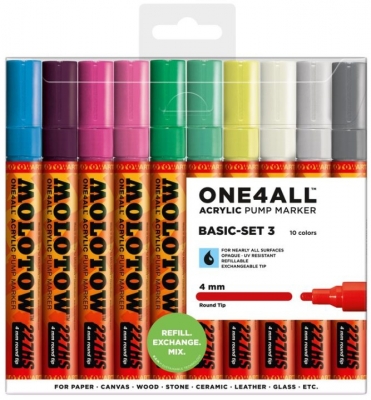 Marker cu vopsea acrilica, varf rotund, 4 mm, ONE4ALL 227HS Basic 3, 10 culori/set Molotow