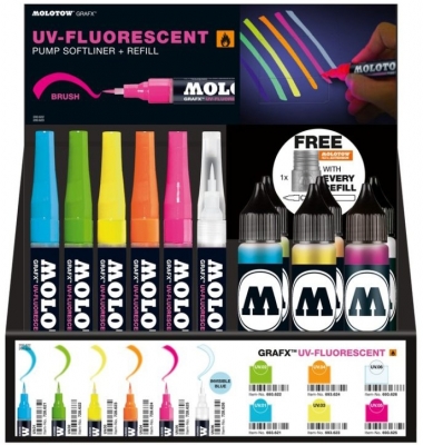 Set 18 markere, varf tip pensula, 1 mm, UV Fluorescent + 12 rezerve Molotow
