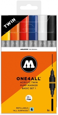 Marker cu vopsea acrilica, varf dublu, rotund, ONE4ALL Twin Basic 6 culori/set Molotow