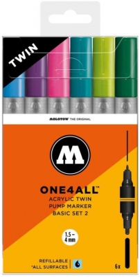 Marker cu vopsea acrilica, varf dublu, rotund, ONE4ALL Twin Basic 2, 6 culori/set Molotow