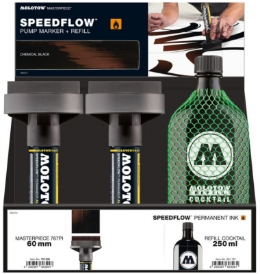 Set 4 markere cu vopsea, varf Flowmaster, 60 mm, Speedflow Ink + rezerve 250 ml Molotow