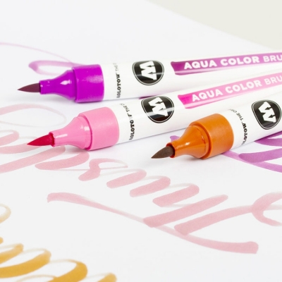 Marker caligrafic, varf tip pensula, Aqua Color Brush Basic 2, 12 culori/set Molotow 