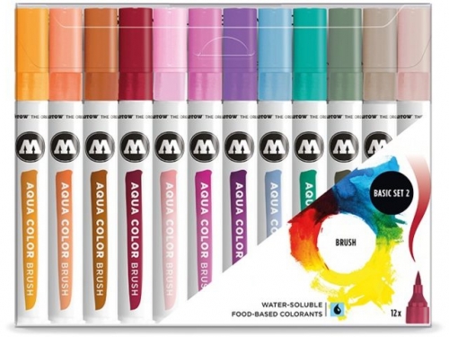 Marker caligrafic, varf tip pensula, Aqua Color Brush Basic 2, 12 culori/set Molotow 