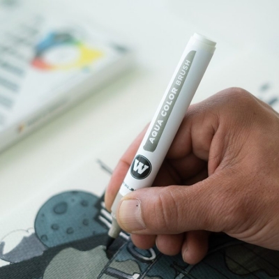 Marker caligrafic, varf tip pensula, Aqua Color Brush Grey, 12 culori/set Molotow