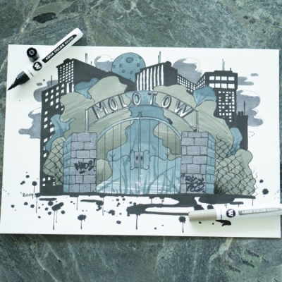 Marker caligrafic, varf tip pensula, Aqua Color Brush Grey, 12 culori/set Molotow