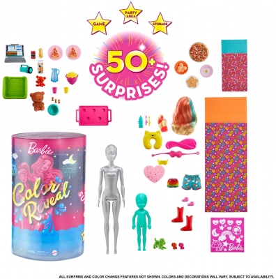 Papusa Descopera culoarea - set accesorii petrecere in pijamale Barbie