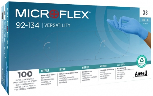 Manusi nitril fara pudra MICROFLEX 92-134 Versatility, albastru, manseta standard, 100 buc / cutie, Ansell