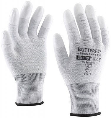 Manusi de asamblare din poliester cu varfurile degetelor imersate in PU, Alb, Butterfly, Rock Safety