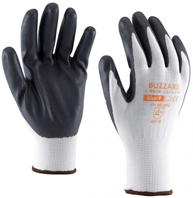 Manusi de asamblare din poliester cu palma imersata in spuma de nitril, Alb, Buzzard, Rock Safety