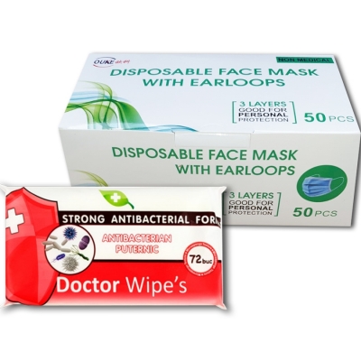 Pachet masca protectie respiratorie 50 buc/cutie + Servetele umede antibacteriene, XL, 72 buc/set Doctor Wipes